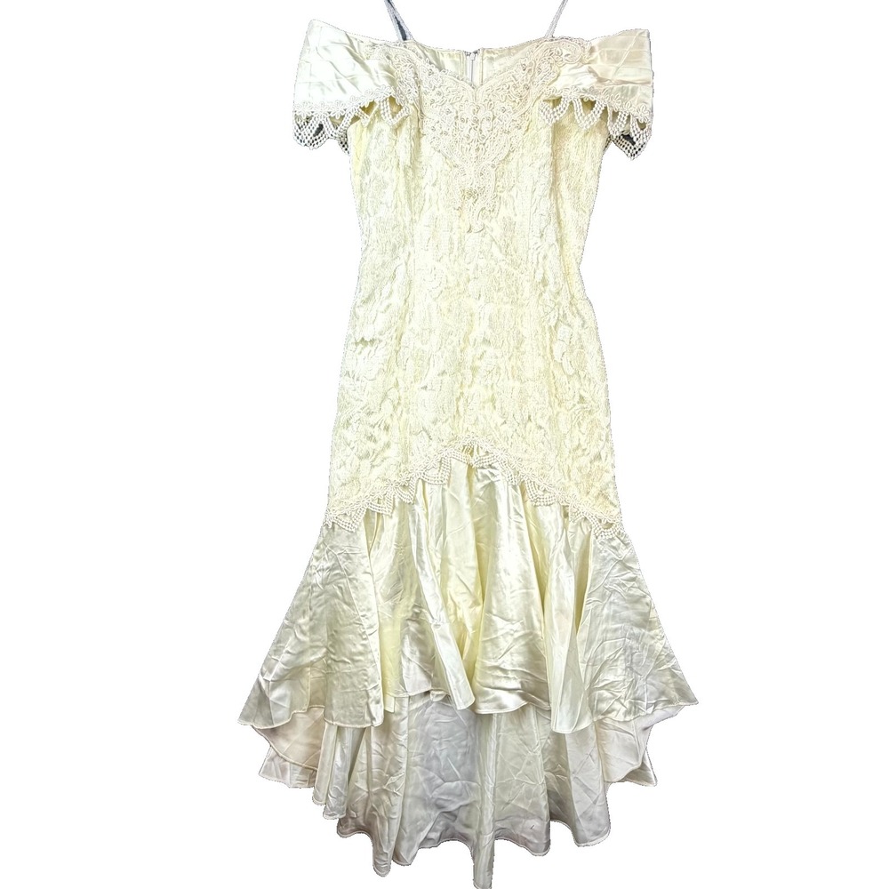 Vintage Betsy & Adam Wedding‎ Dress Womens 9/10 Beige Lace High Low Hem Bridal